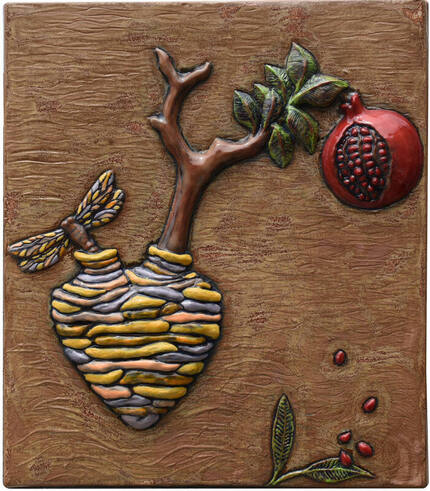 Fruitful Heart Ceramic Tile, handmade, unique ceramic art, ceramic wall sculpture, ceramic pomegranate, ceramic dragonfly art