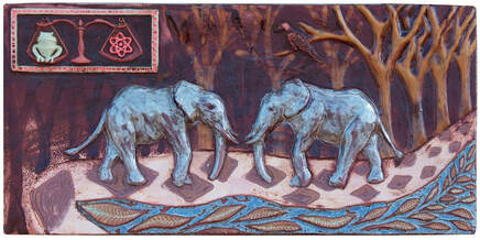 elephants ceramic tile, elephants low relief sculpture