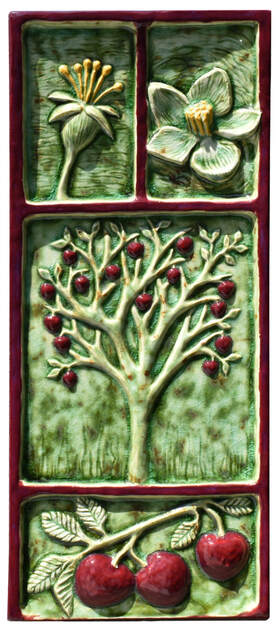 apple tree art, ceramic art tile, ceramic apple tree tile, ceramic wall decor, ceramic garden art, ceramic botanical tile
