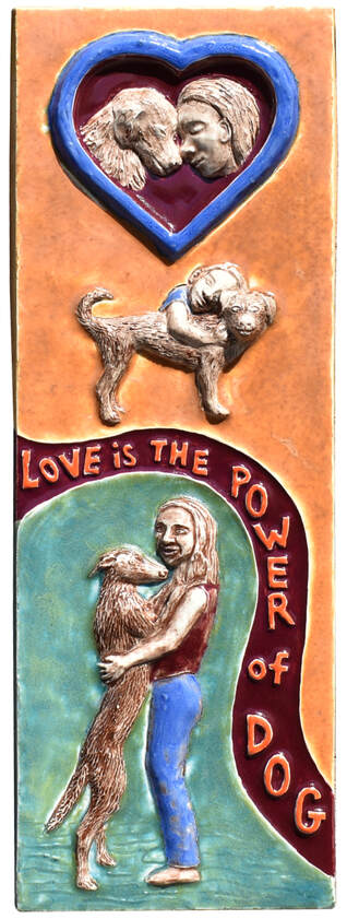 ceramic dog tile, ceramic dog art, ceramic wall sculpture, ceramic art tile, love is the power of dog tile