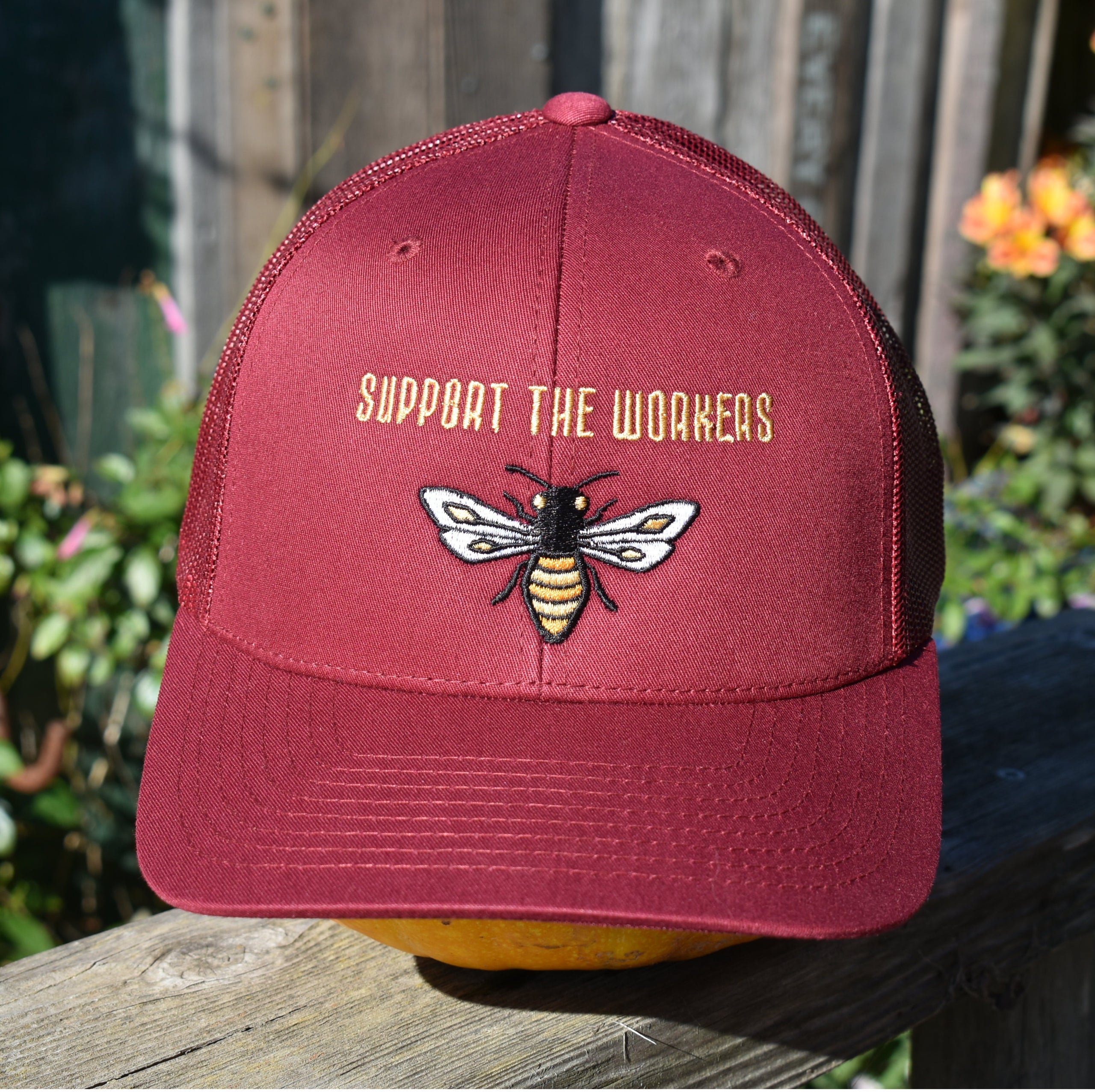 Honeybee Trucker Hat, red landscaper hat, gardener hat, backpacker